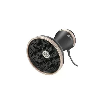 Difusor de secador de cabelo preto com detalhes dourados e cabos.