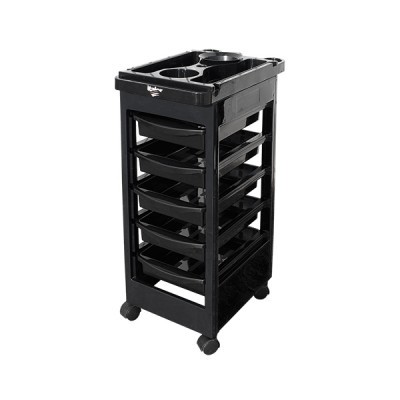 Carrinho de arrumação preto com cinco gavetas e rodas