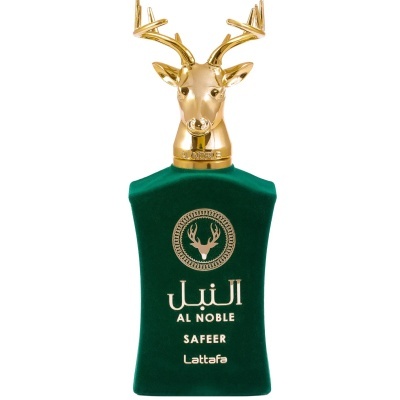 Frasco verde escuro com tampa dourada em forma de cabeça de veado com texto AL NOBLE SAFEER Lattafa