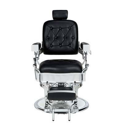 Cadeira de barbeiro preta em couro acolchoado com estrutura metálica cromada