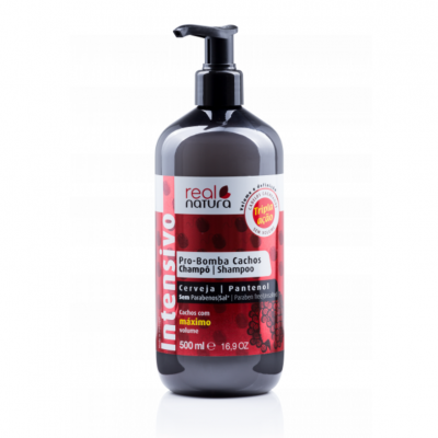 Champô real natura Intensivo Pro-Bomba Cachos 500 ml em garrafão preto com tampa doseadora