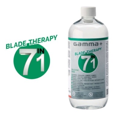 Frasco transparente de produto com etiqueta branca e verde Gamma+ Blade Therapy 7 in 1