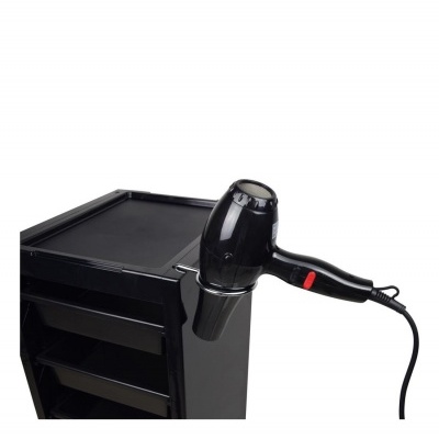 Secador de cabelo preto com suporte e móvel preto, fundo branco.