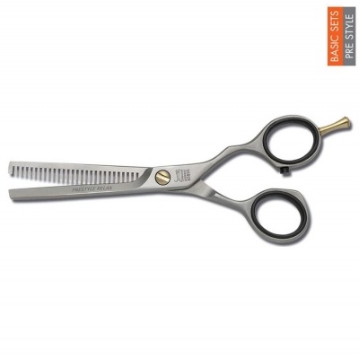 Tesoura de desbaste para cabelo prateada com detalhe dourado e texto gravado