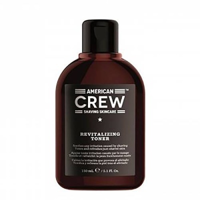 Frasco castanho escuro com rótulo preto de American Crew Revitalizing Toner