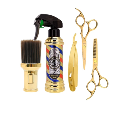 Conjunto de ferramentas de barbeiro douradas com frasco spray e escova