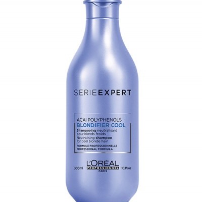 Frasco azul de champô L'Oréal Professionnel Série Expert Blondifier Cool