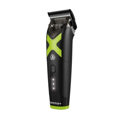 Maquina de cortar cabelo preta e verde Gamma+, com textos XCEED e IN2 TECH