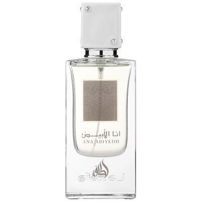 Frasco de perfume transparente com tampa branca e etiqueta cinza ANA ABIYEDH