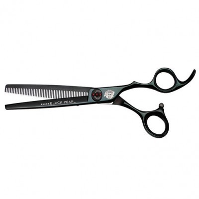 Tesoura de desbaste preta para cabelo com lâmina serrilhada e texto 'BLACK PEARL'