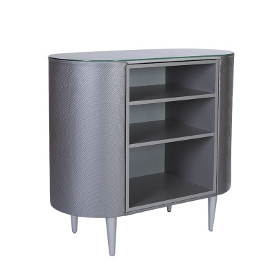 Móvel oval prateado com tampo de vidro e prateleiras abertas