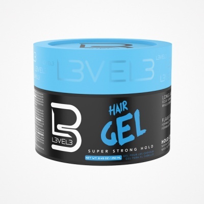 Frasco de gel de cabelo Level 3 preto e azul com texto branco e azul