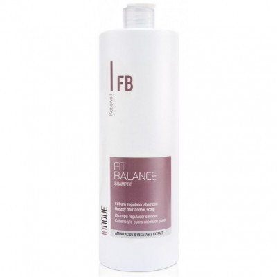 Frasco branco de champô Fit Balance com etiqueta roxa