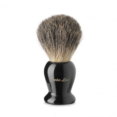 Pincel de barbear com cerdas castanho-bege e cabo preto brilhante com texto dourado Barber Line