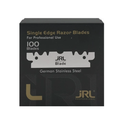 Embalagem preta de lâminas de barbear JRL com texto dourado e branco