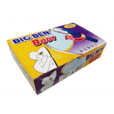 Embalagem Big Ben Body amarela e roxa com figura de homem e instrumento azul