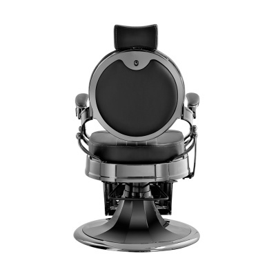 Cadeira de barbeiro preta vista de costas, com base redonda metálica e estofado em couro sintético