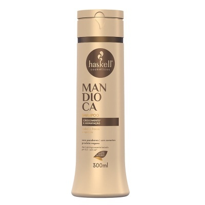 Frasco dourado de produto para cabelo Haskell Cosmetics Mandioca 300ml