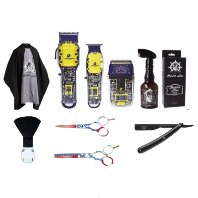 Conjunto de produtos para barbear com capa, máquinas de cortar cabelo, spray, escova, tesouras e navalha.