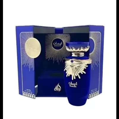 Frasco de perfume azul escuro Emaan com caixa azul e detalhes prateados