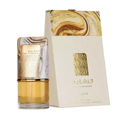 Frasco de perfume com embalagem branca e detalhes dourados
