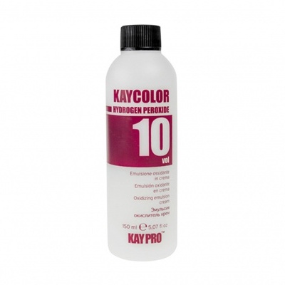 Frasco branco de KAYCOLOR Hydrogen Peroxide 10 Vol com tampa preta e texto vermelho e preto