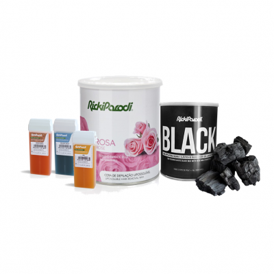 Produtos RickiParodi para depilação com cartuchos, lata branca rosa e lata preta com carvão
