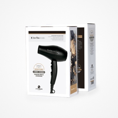 Caixa branca de secador de cabelo Ion Flex 5000 com texto e imagem do produto preto.