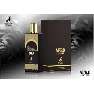 Perfume Afro Leather da Maison Alhambra em frasco preto e dourado com caixa