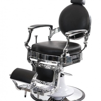 Cadeira de barbeiro clássica preta e cromada com apoio para pés e cabeça