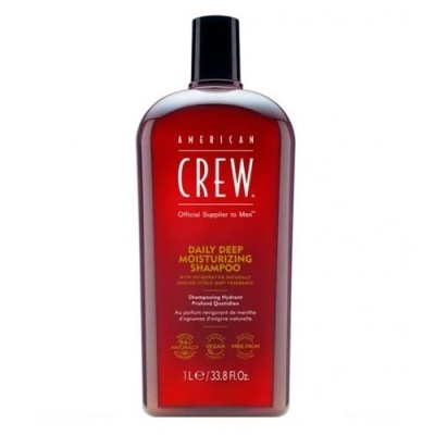 Frasco vermelho de shampoo American Crew Daily Deep Moisturizing