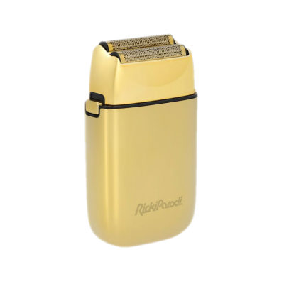 Barbeador elétrico dourado com grelha dupla e logótipo RickiPascot.