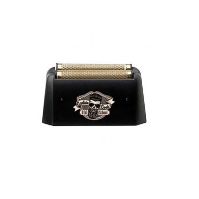 Cabeça de aparador de barba preta com lâminas douradas e logotipo frontal