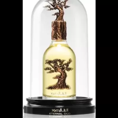 Frasco de perfume ETERNAL OUD com tampa com árvore dentro de cúpula de vidro
