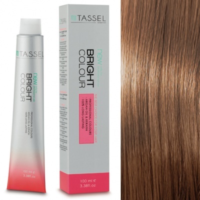 Tubo e caixa de tinta de cabelo TASSEL Bright Colour com amostra de cabelo castanho claro.