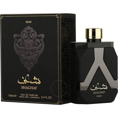 Frasco e caixa de perfume Shaghaf para homem preto e dourado