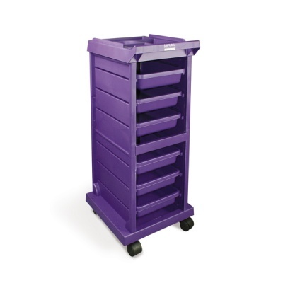 Carrinho organizador roxo com gavetas e rodas