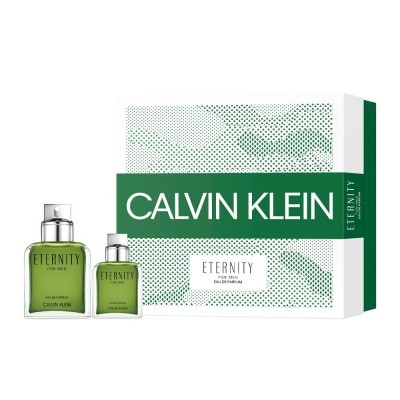 Conjunto de perfumes Calvin Klein Eternity for Men com duas garrafas e caixa branca e verde