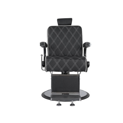 Cadeira de barbearia preta com costura em losango branco e base circular