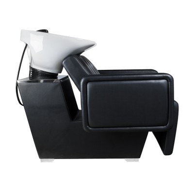 Cadeira de salão preta acolchoada com lavatório branco para lavagem de cabelo