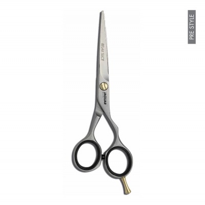 Tesoura de corte profissional metálica com pegas pretas e peça dourada