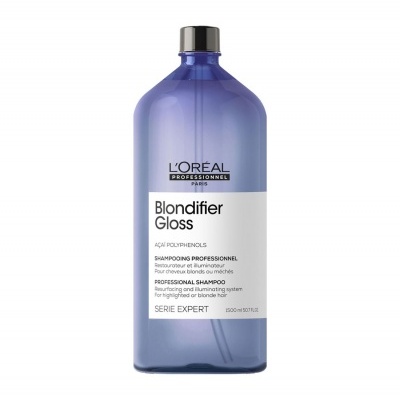 Frasco azul translúcido de shampoo Blondifier Gloss de 500 ml