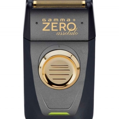 Aparelho de barbear elétrico preto e dourado com duas lâminas e botão redondo