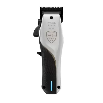 Máquina de cortar cabelo branca e preta com texto WAHL e LIMITED EDITION 26