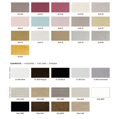 Amostras de tecidos e acabamentos em várias cores e texturas para estofos