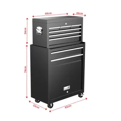 Carrinho de ferramentas preto com várias gavetas e rodas e medidas indicadas em vermelho.