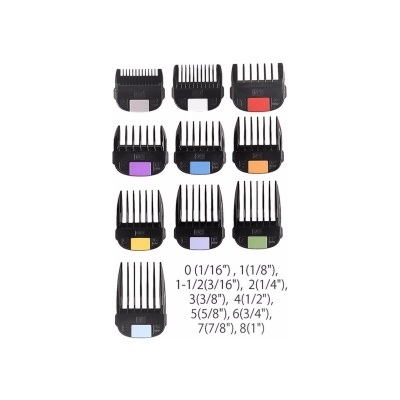 Conjunto de 10 pentes de extensão de corte de cabelo com cores diferentes e tamanhos indicados.