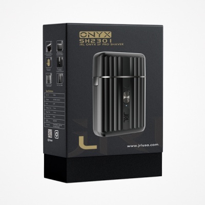 Embalagem de máquina de barbear elétrica JRL ONYX SH2301 preta com texto dourado