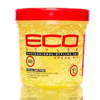 Frasco amarelo de gel ECO Styler óleo de argão com tampa vermelha