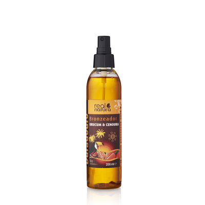 Spray bronzeador real natura 200 ml com rótulo castanho e letras brancas e amarelas